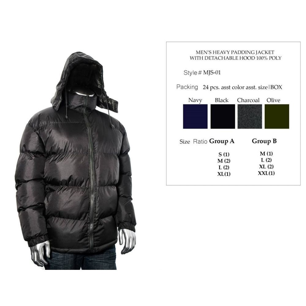 24 Wholesale Mens Heavy Padding Jacket With Detachable Hood 100 Poly