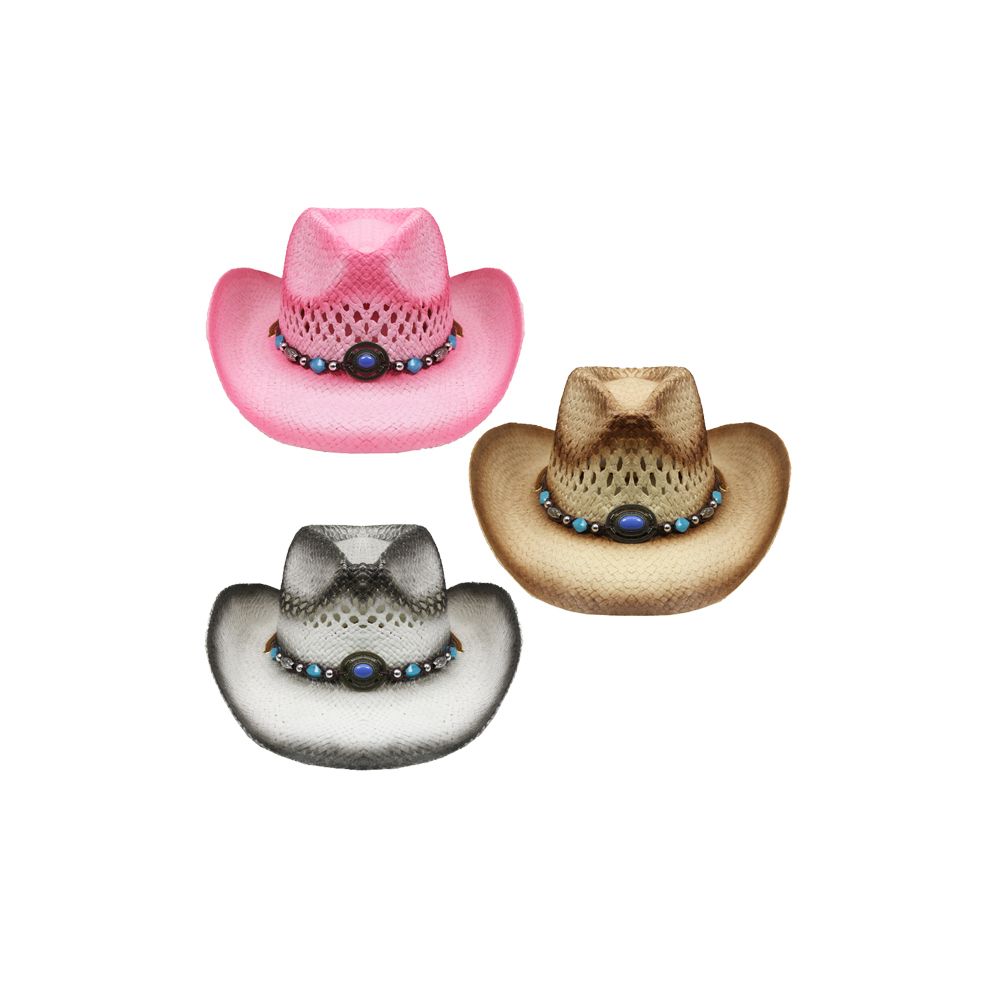 24 Wholesale Kids Assorted Straw Cowboy Hat With Beaded Band at
