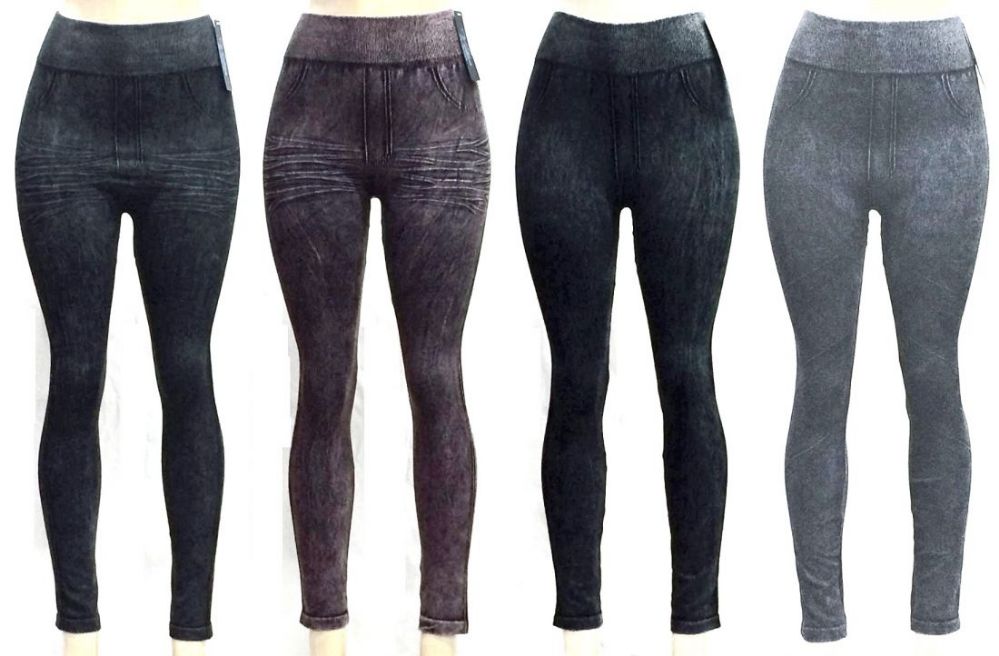 72 Wholesale Women's Washed Denim Seamless Leggings Assorted Colors
