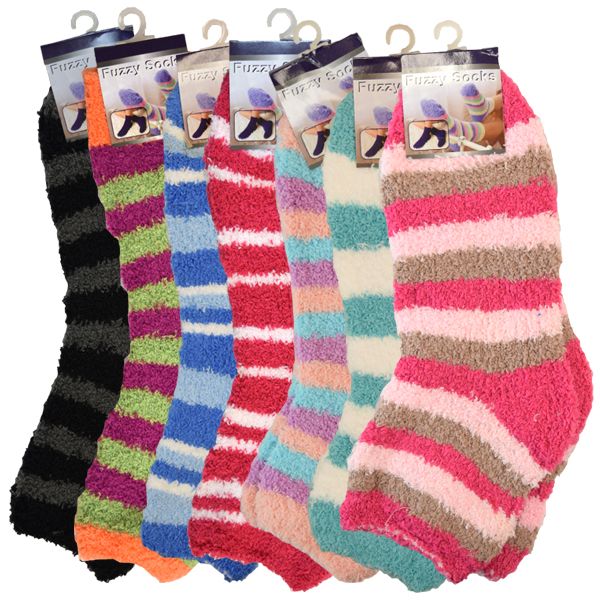 144 Wholesale Fuzzy Socks Stripes Assorted Colors at