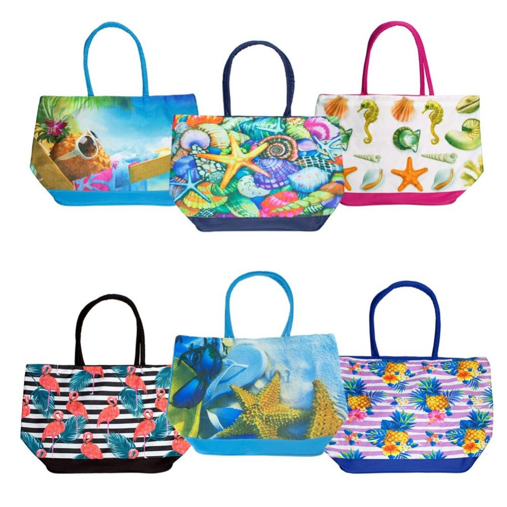 24 Wholesale Wholesale Extra Large Canvas Beach Tote Bag in 6 Assorted Prints - at ...