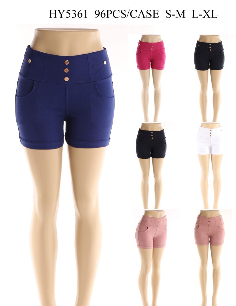 24 Wholesale Womens Fashion Solid Color Shorts With Gold Buttons In