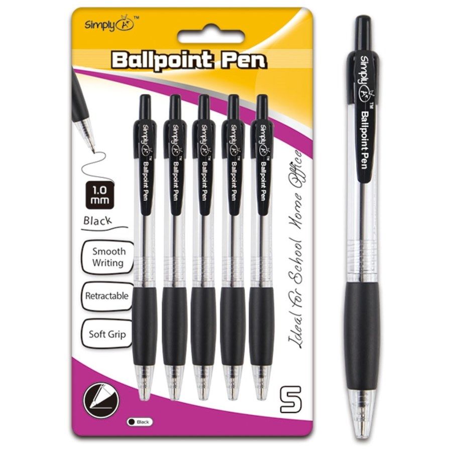 96 Wholesale Six Count Retractable Ballpoint Pen Black With Grip at
