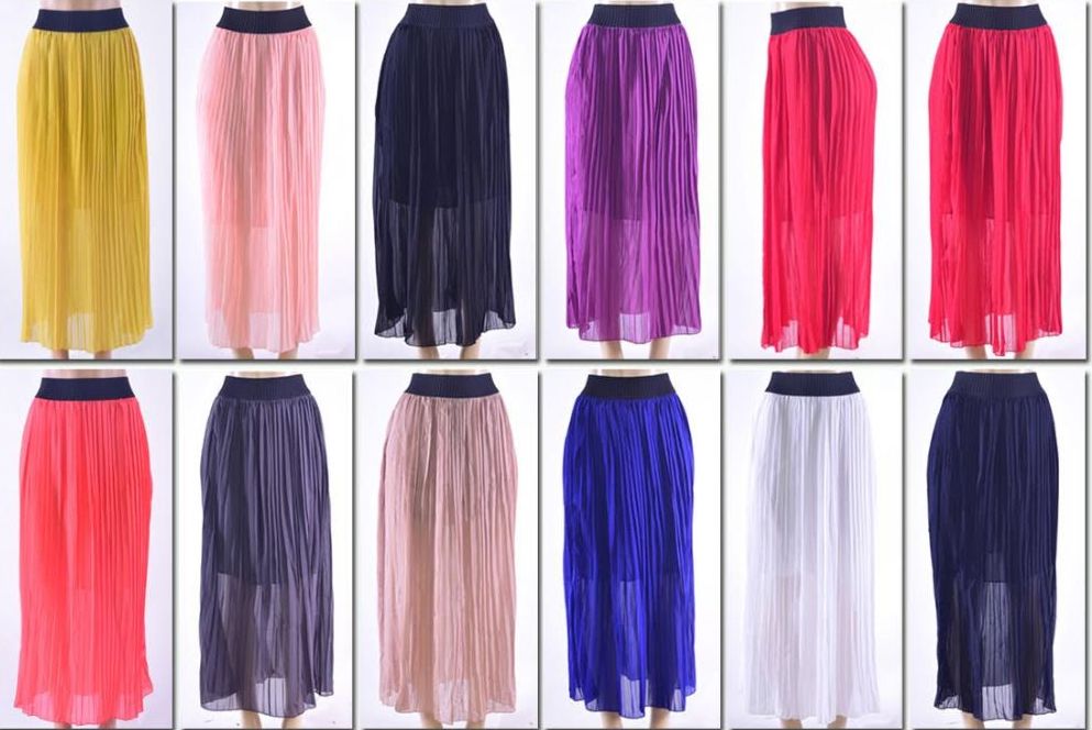 72 Wholesale Women's Pleated Solid Color Maxi Skirt - at ...