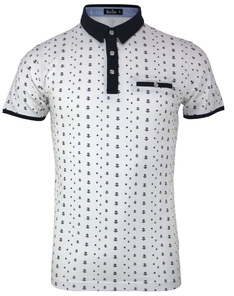 12 Wholesale Men's Cotton Spandex Anchor Print Fitted Polo Shirt In ...
