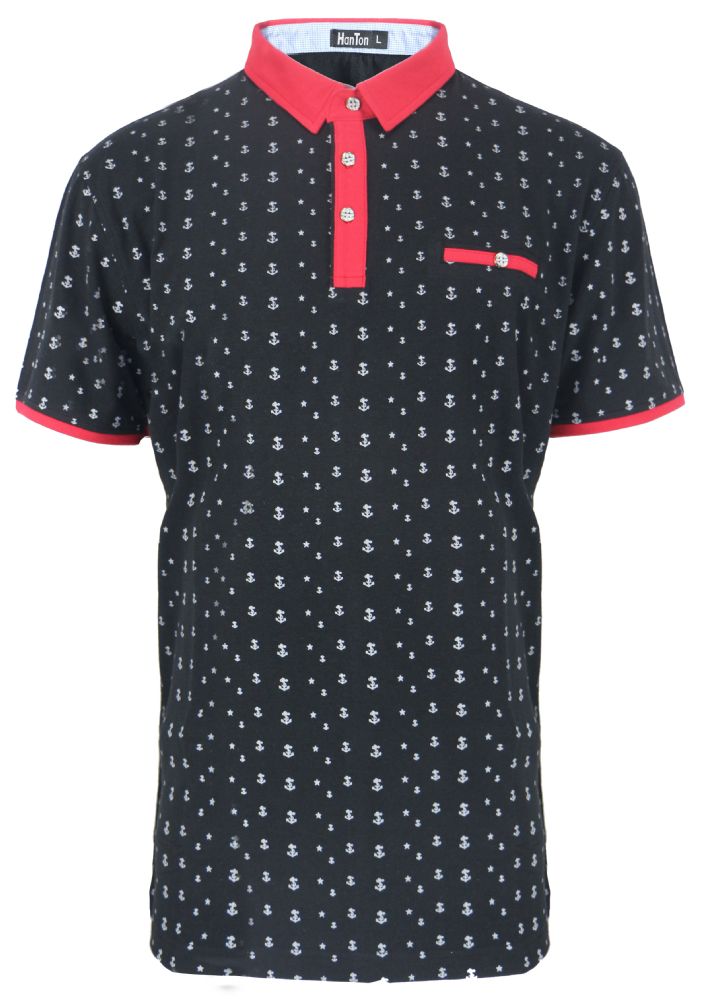 12 Wholesale Men's Cotton Spandex Anchor Print Fitted Polo Shirt In ...