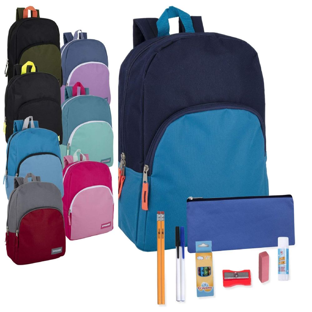 24 Wholesale Preassembled 15 Inch Backpack & 12 Piece School Supply Kit