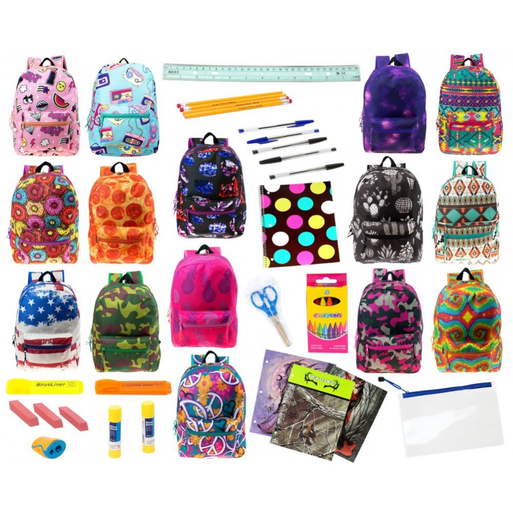12 Wholesale 17" Bulk Backpacks With 44 Piece School Supply Kits at