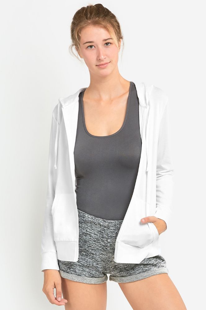 24 Wholesale Women's Lightweight Zip Up Hoodie Jacket White at