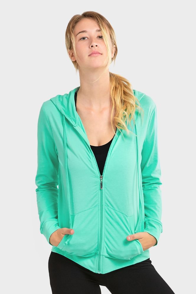 24 Wholesale Women's Lightweight Zip Up Hoodie Jacket Mint Green at