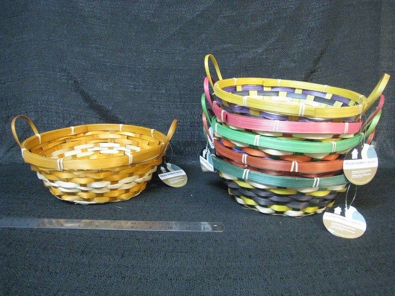 24 Wholesale BAMBOO BASKET ROUND WITH HANDLE ASSORTED COLORS at