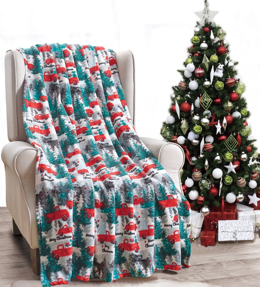 24 Wholesale Christmas Printed Santa Pick Truck Fleece Blankets Size 50