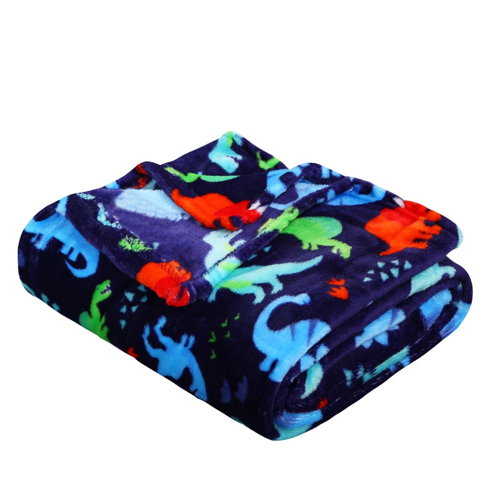 24 Wholesale Children's Navy Dino Printed Fleece Blanket Size 50 X 60