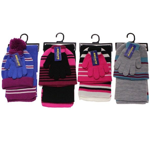 30 Wholesale Girls 3 Piece Stripe Set Hat Gloves Scarf at