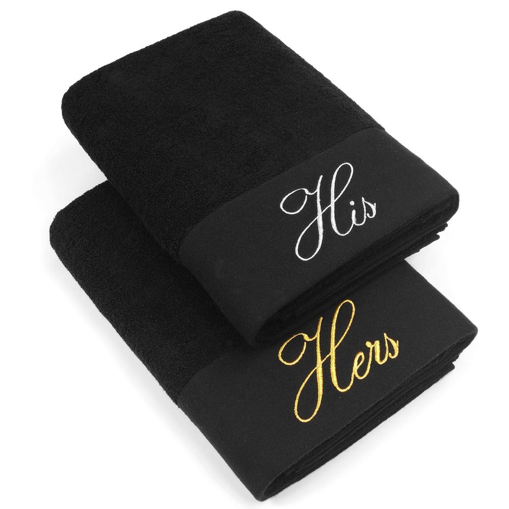 12 Wholesale Embrodiered His And Hers Cotton Bath Towels In Black Size