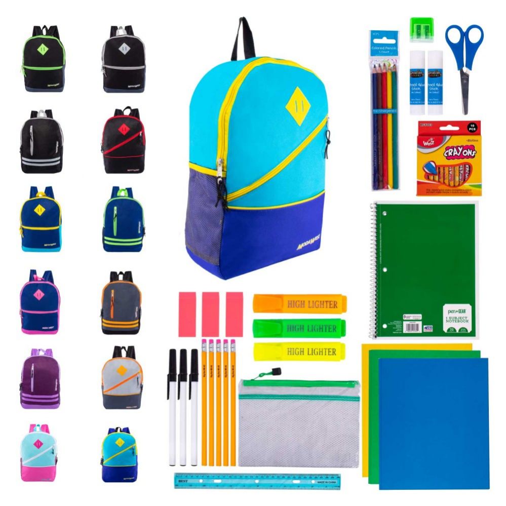 12 Wholesale 17" Bulk Backpacks With 44 Piece School Supply Kits at
