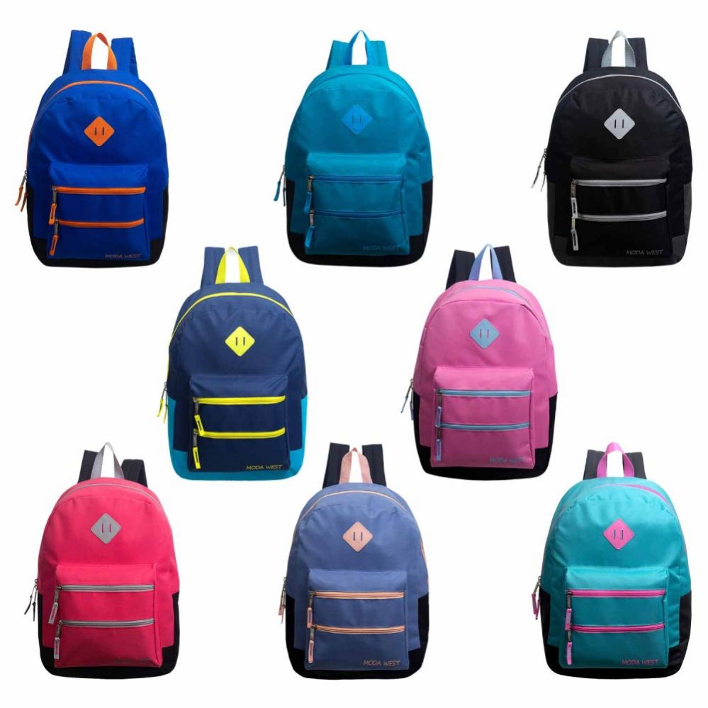 24 Wholesale 17" Backpacks With Dual Front Zipper Pockets In 8 Assorted Colors at