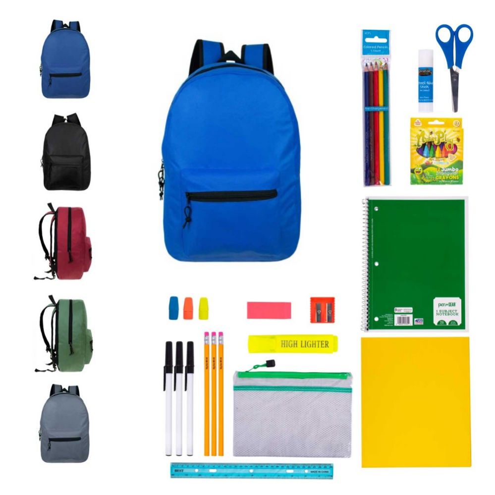 12 Wholesale 19" Bulk Backpacks With 31 Piece School Supply Kits at