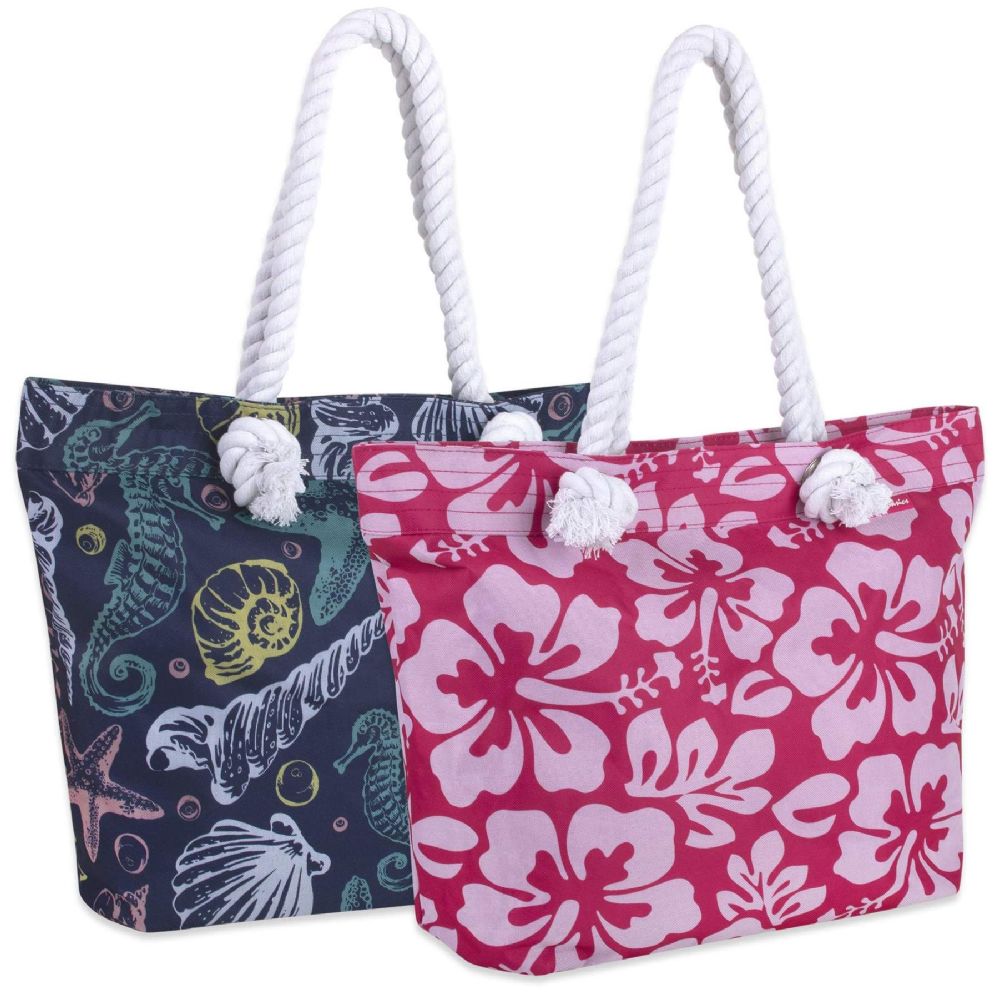 24 Wholesale Printed Beach Rope Tote Bag 15 Inch at