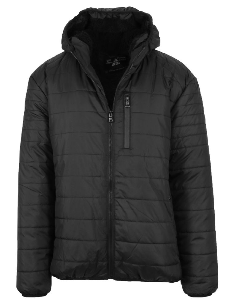 12 Wholesale Mens SherpA-Lined Hooded Puffer Jacket, Assorted Sizes S-Xxl Black - at 