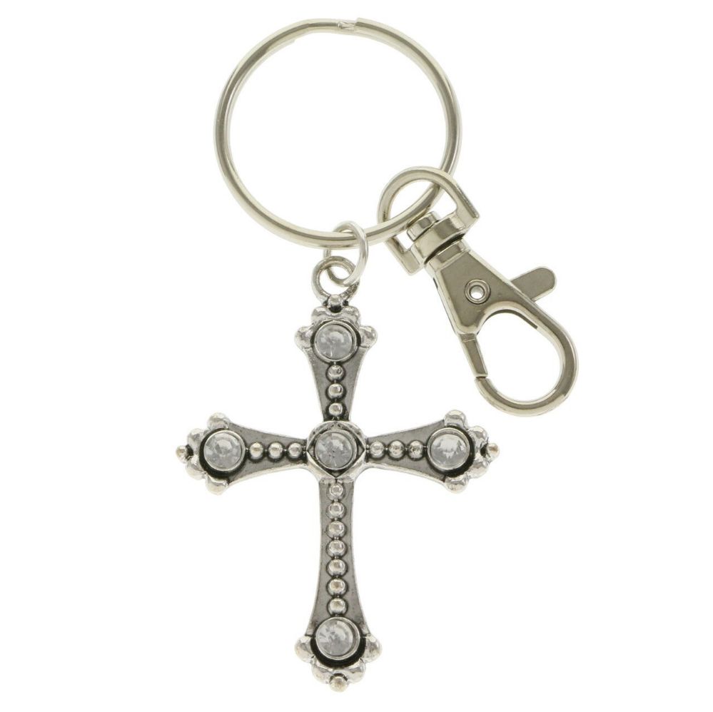 96 Wholesale Silver Tone Rhinestone Accented Cross Key Chain at