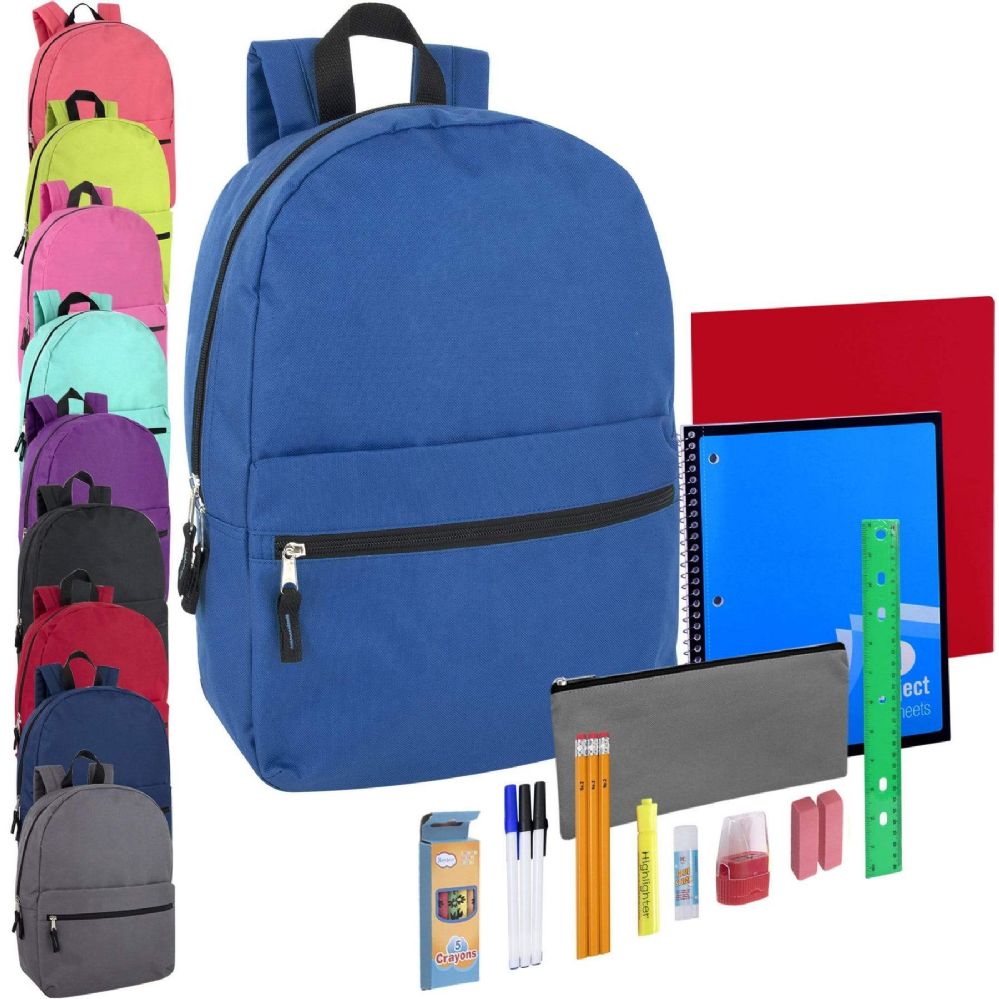24 Wholesale Preassembled 17 Inch Backpack & 20 Piece School Supply Kit
