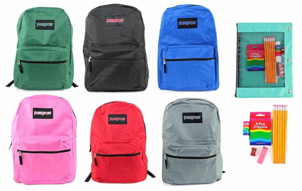 12 Wholesale 17" Classic Backpack & Elementary School Supply Kit Sets