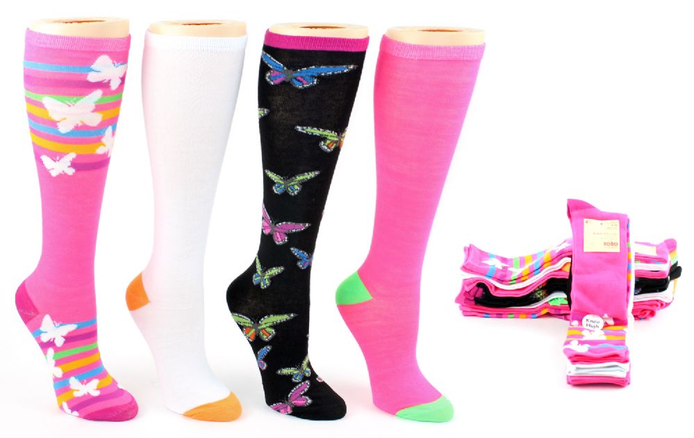 6 Wholesale Women's Knee High Novelty Socks Assorted Neon Prints