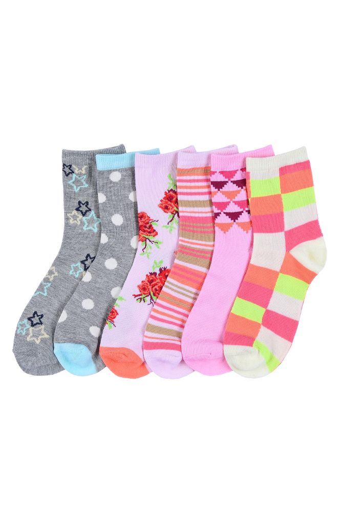 216 Wholesale Girl's Assorted Design Crew Socks Size 68 at